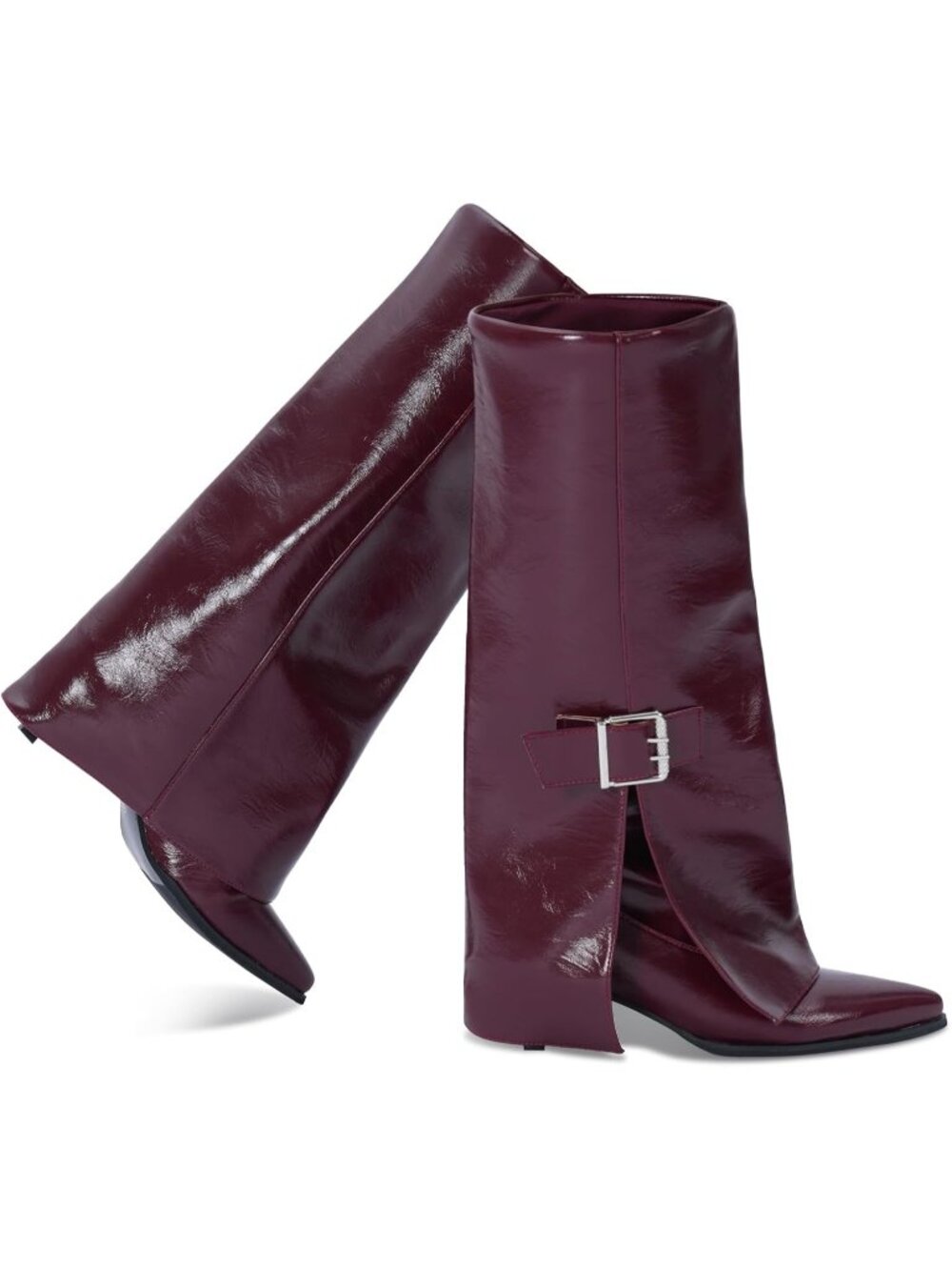 Women's Burgundy Fold Over Shark Buckle Kitten Heels Wide Calf Knee High Boots